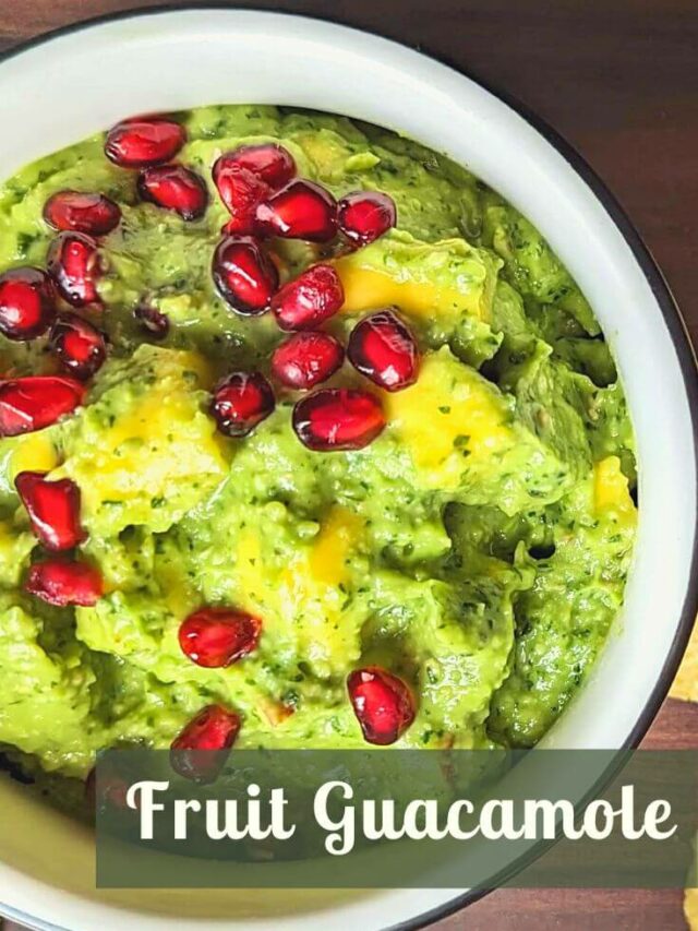 This chunky and delicious fruit guacamole made with ripe avocados, and sweet and citrus fruits, is the perfect dip for tortilla chips.