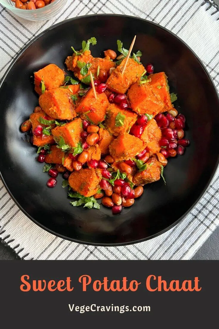 Sweet potato chaat is a tangy, sweet & spicy Indian street food made with roasted or boiled sweet potatoes, spices, chutneys & lemon juice.