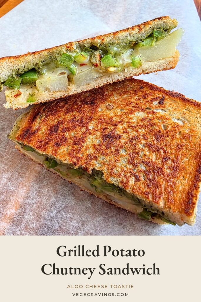 Grilled potato chutney sandwich is a crisp toasted sandwich of spiced potatoes, green chutney and melted cheese between buttered sourdough slices.